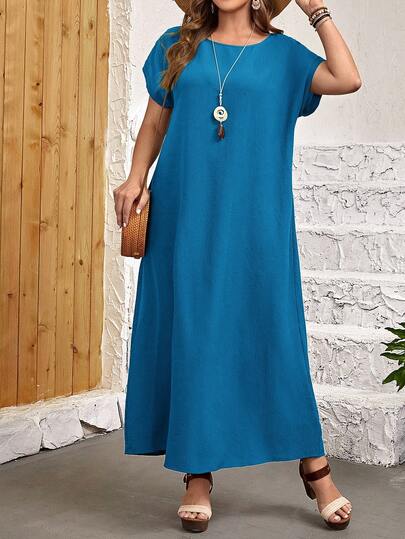 EMERY ROSE Plus Size Summer Casual Solid Color Batwing Sleeve Dress