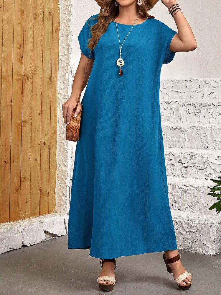 Plus Size Summer Casual Solid Color Batwing Sleeve Dress, Summer Dresses