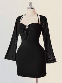 SHEIN ICON Gaun Pesta Malam Musim Gugur Hitam Ukuran Plus Wanita, Model Retro Slim Fit dengan Lengan Mengembang dari Jala, Leher Halter, Bagian Dada Berlubang dengan Tali Serut, Cocok untuk Hari Valentine. - Hitam - View 3