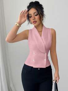 Elenzga Áo sơ mi nữ không tay thanh lịch, thời trang, cổ tròn, cài cúc phía trước, có túi, thắt eo, xẻ tà phía trước, phối màu đen trắng, viền tương phản ở cổ áo, tay áo và gấu áo. - Hồng - Xem 4