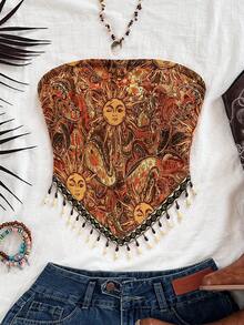 Soleia Atasan Bandeau Rajut Motif Matahari Patchwork Manik-manik Rantai untuk Liburan Wanita Ukuran Plus, Cocok untuk Pesta Natal, Kencan, Klub Malam, Pantai, Pelayaran, Liburan, Minum Teh Sore, Gaya Bohemian, Boho, Liburan, Pakaian Wanita Musim Gugur, Vintage - Jeruk - View 6