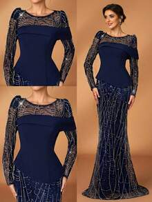 Serin Elegant Luxurious Navy Blue Beaded Puff Sleeve Sequin Floral Splice Stretchy Knit Mermaid Skirt, Suitable For Weddings, Parties, Vacations, Galas, Holidays, Mother Of The Bride Evening Gowns - Navy Blue - View 2