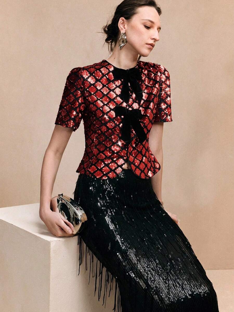 Arave Women's Velvet Sequined Top,Straight Shoulders,Fitted Waist,Puff Sleeves,Bow Design,Elegant Party,Summer,New Year,Modern Red And Black Party Top - Red - View 1
