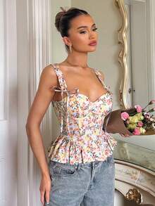 Glamine Charm Áo tank top nữ gợi cảm và ngọt ngào, in họa tiết, gọng nâng ngực, kiểu xương cá, bèo nhún, chi tiết buộc dây. - Nhiều màu - Xem 3
