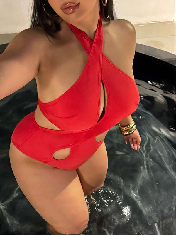 Swim SXY New Sexy & Elegant Red One-Piece Swimsuit, Fashionable Plus Size For Summer Beach Vacation