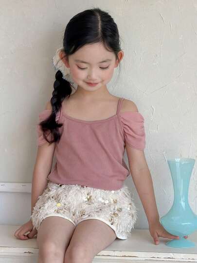 DAZY Camiseta casual de moda de manga corta y hombros descubiertos para niña