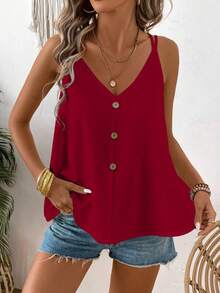 EMERY ROSE 女士纯色纽扣设计休闲宽松吊带背心 - 酒紅色 - 查看 4