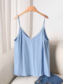 CosyJoli 大码女式褶皱雏菊刺绣单排扣休闲吊带背心，可爱女式上衣，夏季可爱上衣，夏季休闲上衣，田园风春季女式春夏上衣 - 藍色 - 查看 2