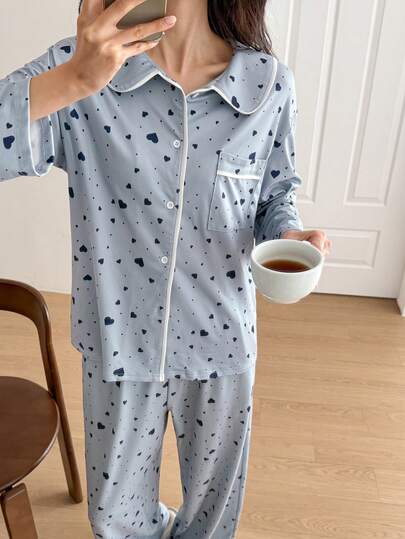 DAZY Heart Pattern Contrast Trim Women Pajama Set