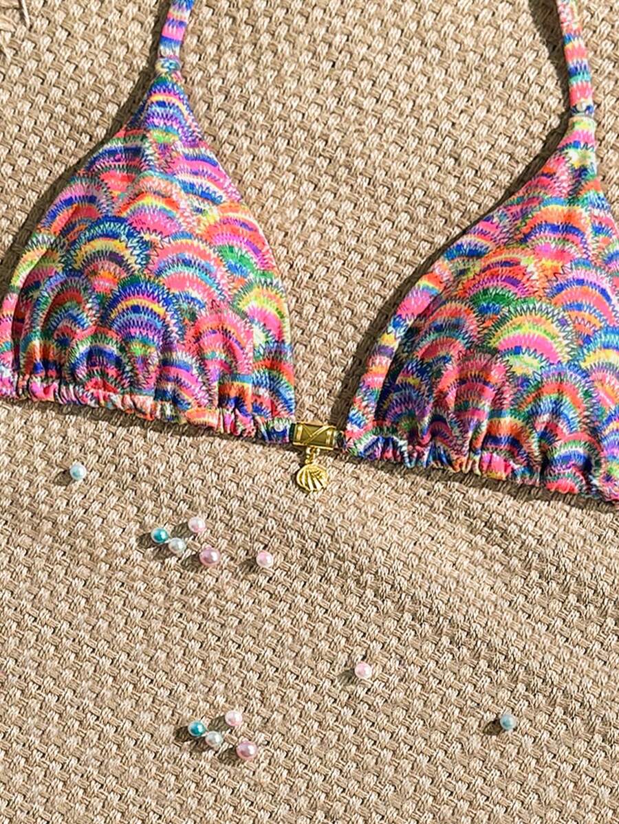 Swim Mod 随机金色贝壳印花露背三角罩杯性感泳衣上装，适合夏季度假 - 彩色 - 查看 1