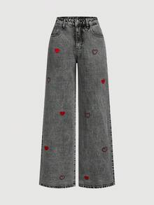 SHEIN Sweetro 女士休闲百搭日常牛仔阔腿裤，带口袋、纽扣门襟和心形刺绣设计 - 灰色 - 查看 3