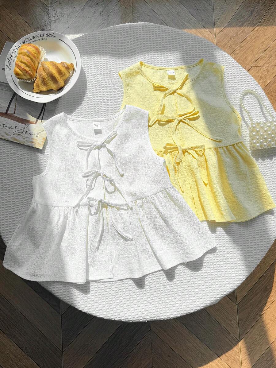 2件套少女休闲度假蝴蝶装饰褶皱喇叭圆领开衫上衣套装,春夏款 - 彩色 - 查看 1