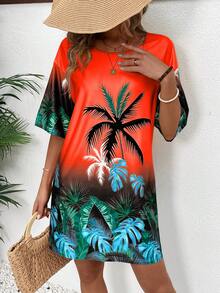 Breezaya 女士夏季海滩度假风印花短袖宽松迷你连衣裙度假海滩套装 - 紅色 - 查看 4