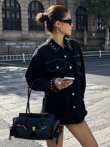 DAZY Women's Rivet Decor Long Sleeve Single-Breasted Frayed Hem Casual Denim Jacket Y2k - Black - View 6