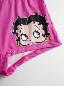 Betty Boop x SHEIN Women's Letter Pattern Scoop Neck Bra And Cartoon Figure Graphic Panty Set - Hot Pink - View 6