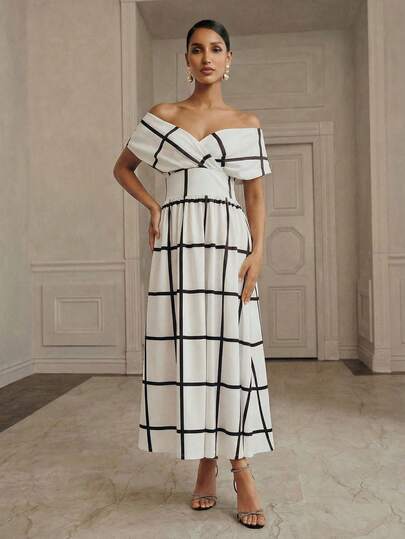 Anewsta Elegant Party Waist Twist Off Shoulder Design Cold-Shoulder Round Hem Plaid Print Dress For Women