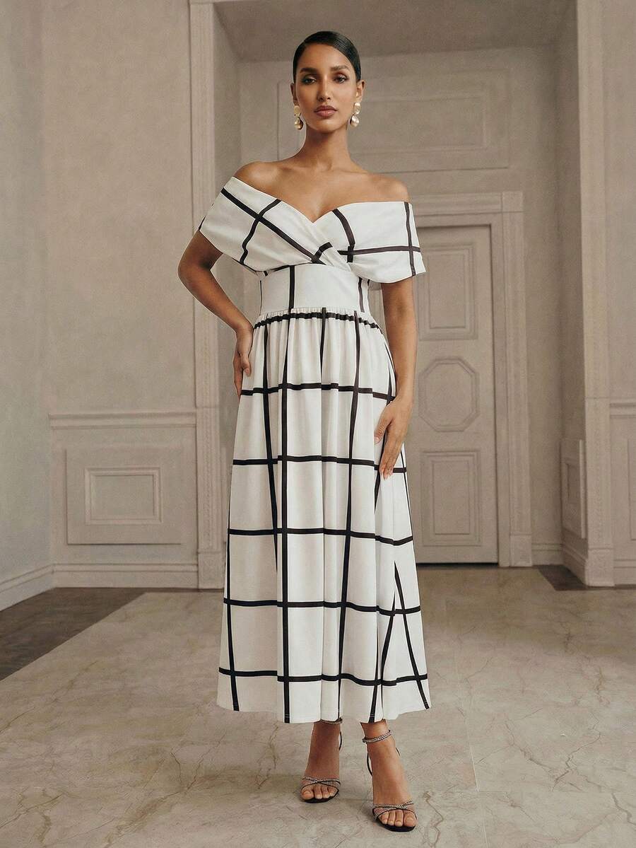 Anewsta Elegant Party Waist Twist Off Shoulder Design Cold-Shoulder Round Hem Plaid Print Dress For Women - Black and White - View 1