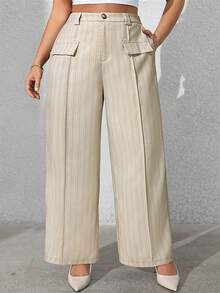 Vionelle 大码女式法式休闲优雅条纹西裤，秋冬款 - 杏色 - 查看 4