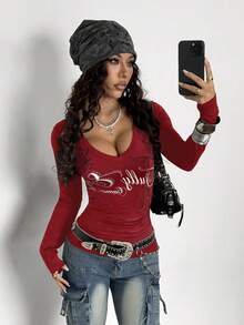 StreetHx Áo lót nữ màu đen cổ chữ V ôm sát, họa tiết Gothic bạc, phong cách Punk Rock, Halloween, thường ngày, đường phố, kiểu Y2K. - Màu Đỏ Sâu - Xem 4