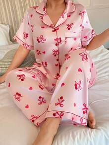 SHEIN Bộ đồ ngủ cardigan cổ bẻ in nơ và quả anh đào dành cho nữ cỡ lớn - Hồng - Xem 1