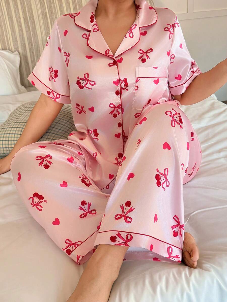 SHEIN Bộ đồ ngủ cardigan cổ bẻ in nơ và quả anh đào dành cho nữ cỡ lớn - Hồng - Xem 1