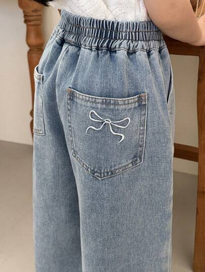 Dazy Kids Young Girl Elastic Waist Pocket Bow Embroidery Pattern Casual Versatile Wide Leg Jeans