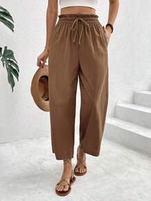 SHEIN Frenchy 女士休闲度假通勤纯色抽绳纸袋腰侧口袋阔腿裤 - 棕色 - 查看 9