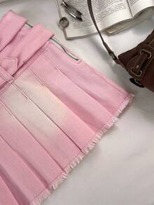 Elamini Y2K 时尚休闲铆钉腰带低腰牛仔百褶裙 - 粉色 - 查看 4