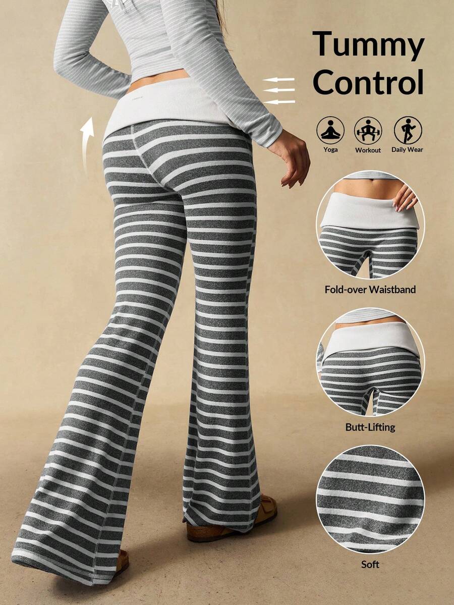 VARSIVA Women's Casual Striped Flared Pants With Waist Fold Over Leggings Boot Cut Yoga Pants Cotton Yoga Pants Wide Leg Yoga Pants - Grey - View 1
