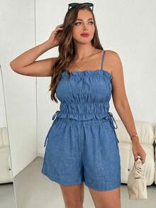 SHEIN Essnce Bộ đồ hai mảnh màu xanh dương dành cho nữ cỡ lớn, phong cách mùa xuân/hè, thoải mái, rộng rãi, mặc hàng ngày, gồm áo hai dây và quần short, thích hợp cho trang phục mùa hè, đi nghỉ mát. - Màu xanh lam - Xem 6