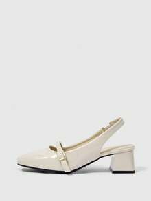 Sleekvia 新款方头粗跟无后跟绑带舒适防滑时尚百搭女式高跟鞋，春秋季 - 米色 - 查看 7