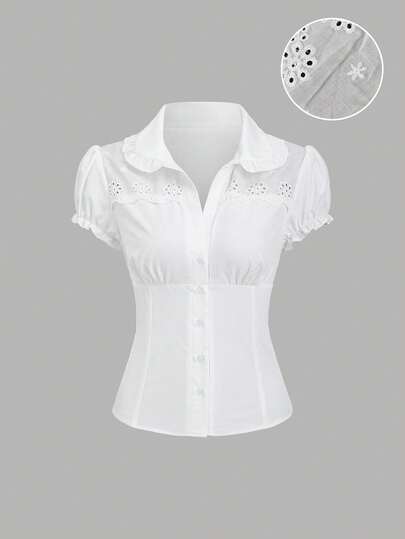 SHEIN Sweetro Romantic Embroidered Blouse With Puff Sleeves, Casual & Commuting, Delicate Princess Style, Solid Color, Summer Vacation Vibe