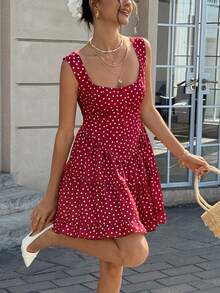 Cévolie 女士波点印花优雅无袖圆领连衣裙 - 酒紅色 - 查看 4