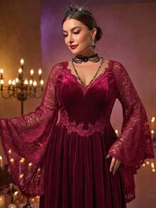 Glamrae 优雅浪漫奢华蕾丝拼接韩式天鹅绒蕾丝贴花不对称荷叶边喇叭袖修身V领A字长款连衣裙，带拖尾，适合晚宴、约会、舞会、婚礼、毕业典礼、正式场合（重工装饰） - 紅色 - 查看 3