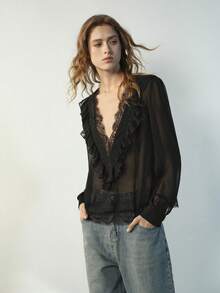 Maija Black Ruffle V-Neck Long Sleeve Women's Top, Elegant Urban Romantic For Valentine's Day - Black - View 7