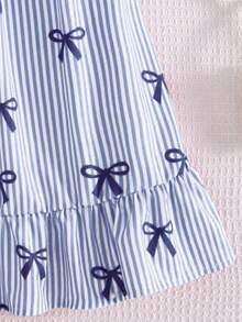 SHEIN Elladie kids Cute Young Girls Striped Bow Print Cami Dress Sleeveless Ruffle Flounce Hem Short Polyester - Multicolor - View 5