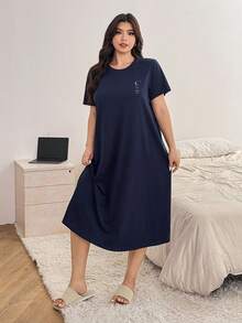 Dazy Plus 纯色休闲字母印花图案圆领直筒T恤睡衣 - 藏蓝色 - 查看 3