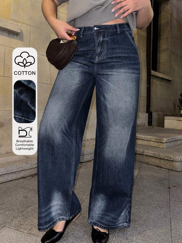 Dazy Plus Fashionable Casual Vintage Washed Loose Streetwear Plus Size Women Long Jeans, All Season