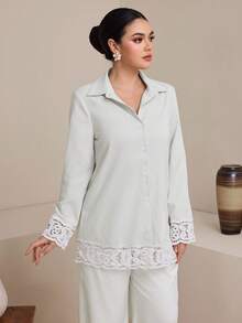 Graceveil Women's Loose Floral Lace Trim Blouse, Spring New Arrival - Light Grey - View 6