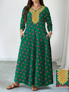 Lacomfia Abito lungo a maniche lunghe con scollo a V, stampa floreale e vegetale, con tasche e orlo a campana, per primavera/estate, taglie comode - Multicolore - Visualizzare 1