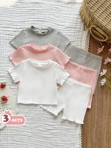 SHEIN Vintaside Kids Bộ 6 món cho bé gái, áo thun ngắn tay màu trơn và quần short cạp chun. - Nhiều màu - Xem 6