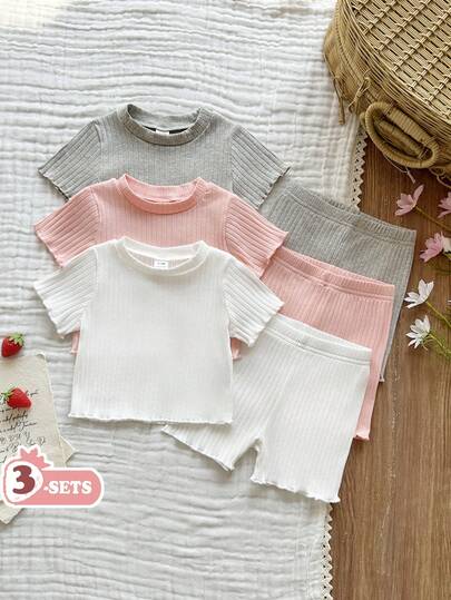 SHEIN Vintaside Kids 6pcs Set Baby Girl Casual Solid Color Knit Short Sleeve Top And Elastic Waist Shorts