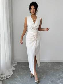 Elenzga 女士新款V领腰部褶皱不对称下摆开衩独特设计高端优雅教师服百搭时尚连衣裙 - 杏色 - 查看 5