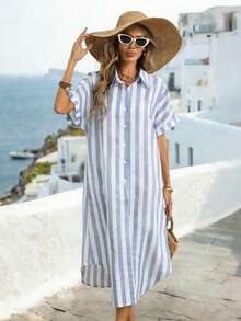 Breezaya 女士条纹蝙蝠袖单排扣休闲衬衫裙 - 藍色 - 查看 7