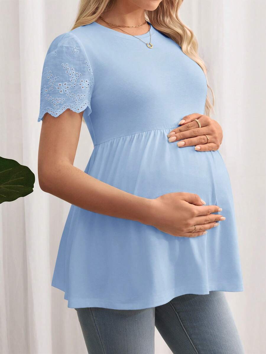 SHEIN Maternity Eyelet Embroidery Sleeve Peplum Tee - Baby Blue - View 1