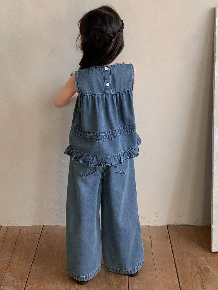 2pcs Young Girl Girls Denim Collared Sleeveless Top And Jeans Set, Fall Outfit Summer