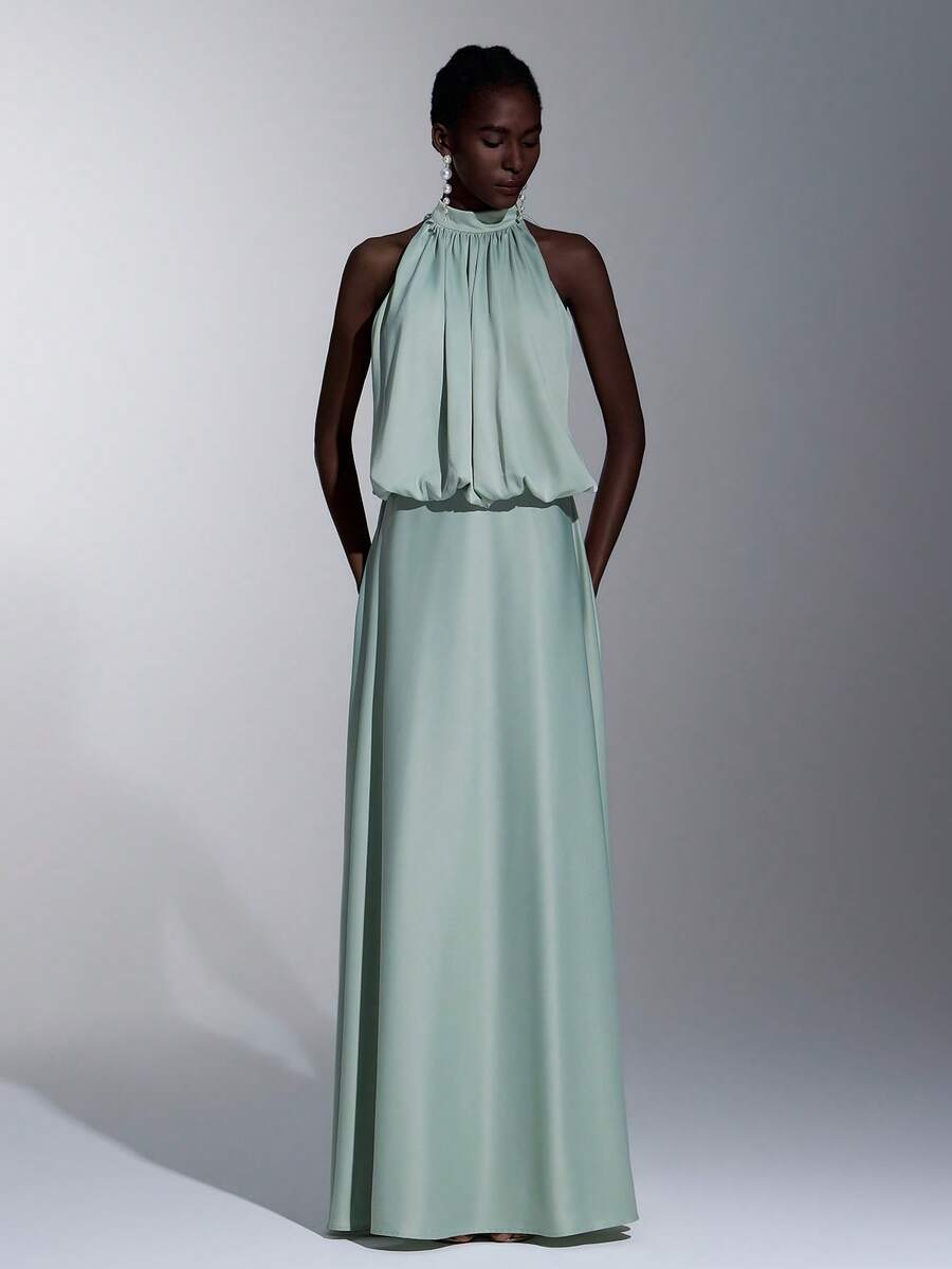 Elitara 优雅花卉图案露背吊带A字伴娘礼服，浅绿色和黄色 - 綠色 - 查看 1