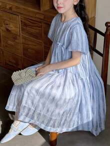DAZY 少女圆领短袖连衣裙 - 藍白色 - 查看 1