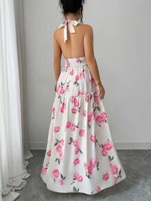 Elenzga Đầm thanh lịch in họa tiết hoa hồng màu hồng, cổ yếm, eo xếp ly, gấu váy xếp lớp. - Nhiều màu - Xem 2