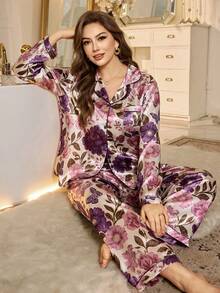 MuseNap CURVE Conjunto de pijama de mujer de talla grande con estampado floral y de hojas, bata, pijama de satén, ropa de dormir de mujer, conjunto de pijama de satén, ropa de dormir de mujer, conjunto de pijama de manga larga - Multicolor - Ver 1